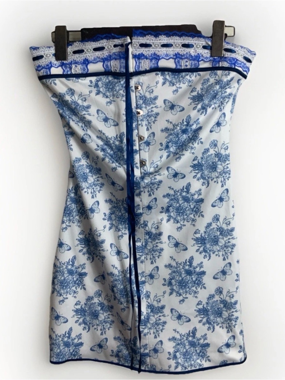 Women's Commense Strapless Floral Lace Mini Dress Blue White Butterfly Tube M